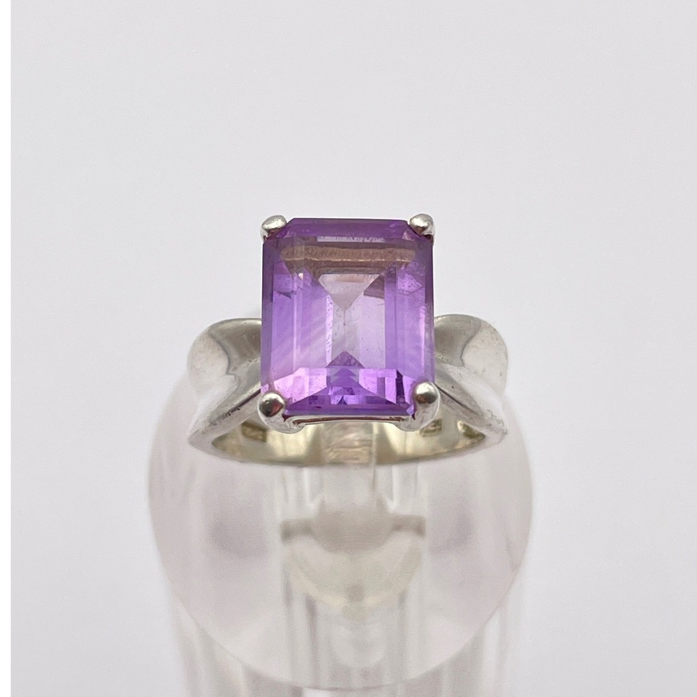 Sterling‎ Silver Amethyst Purple Color Emerald Cut Solitaire CZ Cocktail Ring